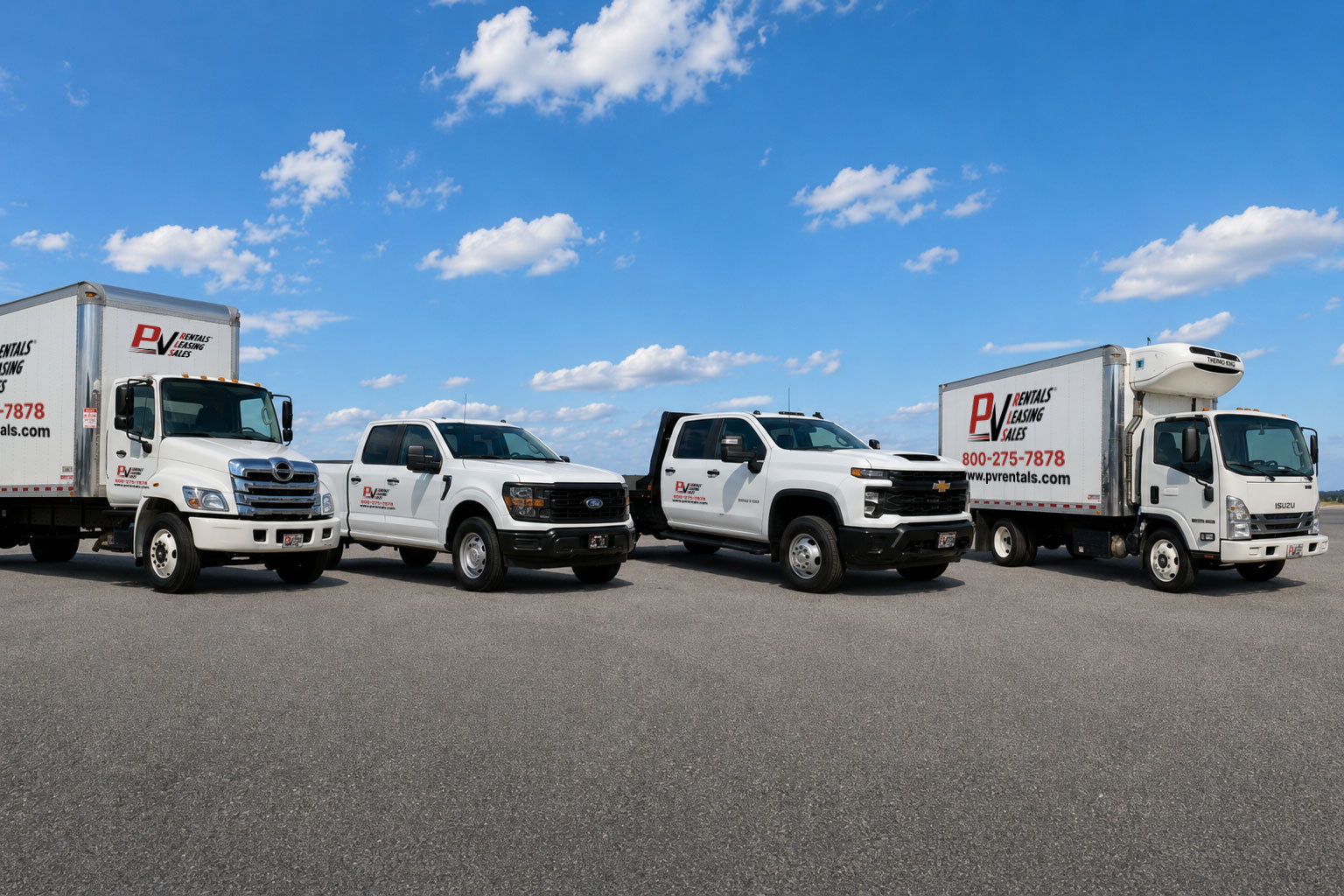 Fleet-of-white-commercial-vehicles-on-asphalt
